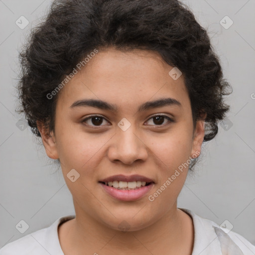 Joyful latino young-adult female with short  brown hair and brown eyes