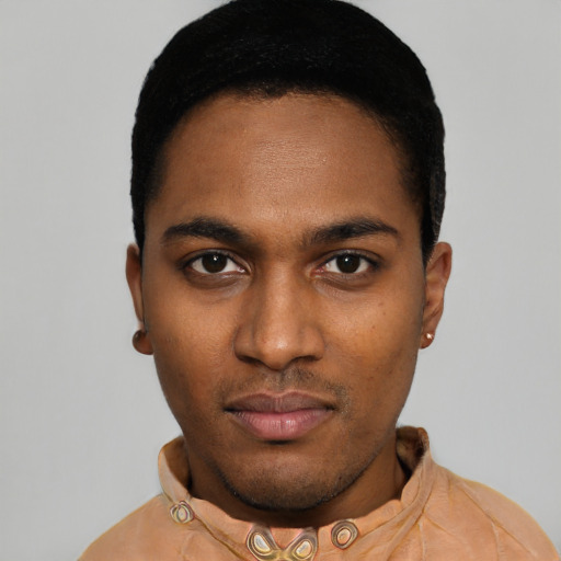 Neutral black young-adult male with short  black hair and brown eyes