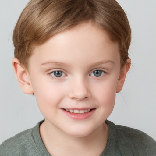 Joyful white child female with short  brown hair and grey eyes