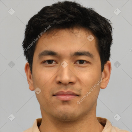 Neutral asian young-adult male with short  black hair and brown eyes