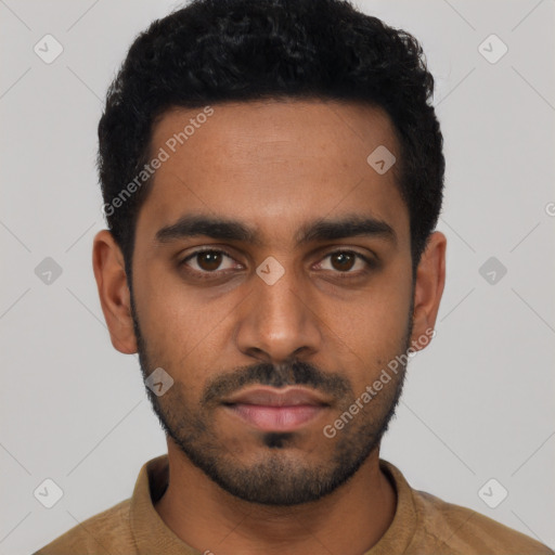 Neutral latino young-adult male with short  black hair and brown eyes