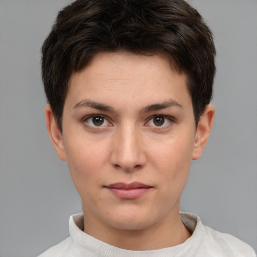 Neutral white young-adult female with short  brown hair and brown eyes