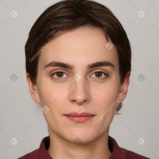 Neutral white young-adult female with short  brown hair and brown eyes