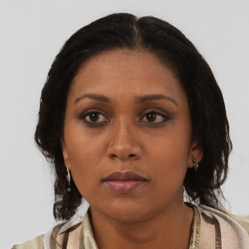 Neutral latino young-adult female with medium  brown hair and brown eyes