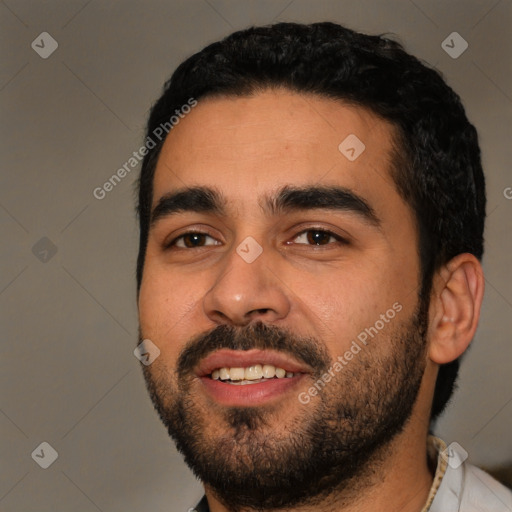 Joyful latino young-adult male with short  black hair and brown eyes