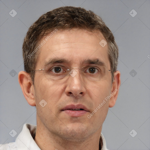 Neutral white adult male with short  brown hair and brown eyes