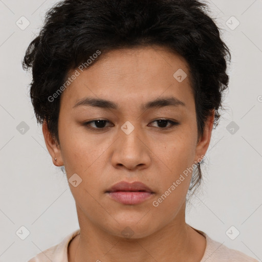 Neutral asian young-adult female with short  black hair and brown eyes