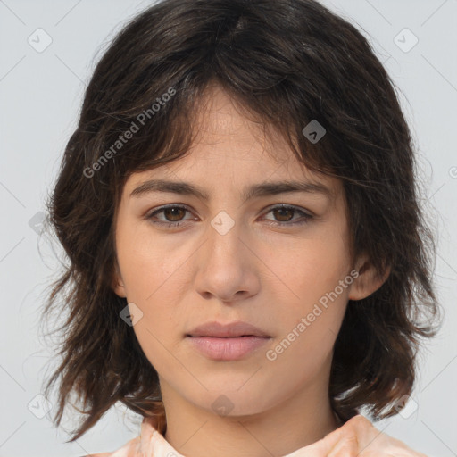 Neutral white young-adult female with medium  brown hair and brown eyes