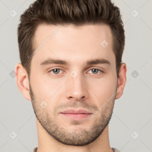 Neutral white young-adult male with short  brown hair and brown eyes