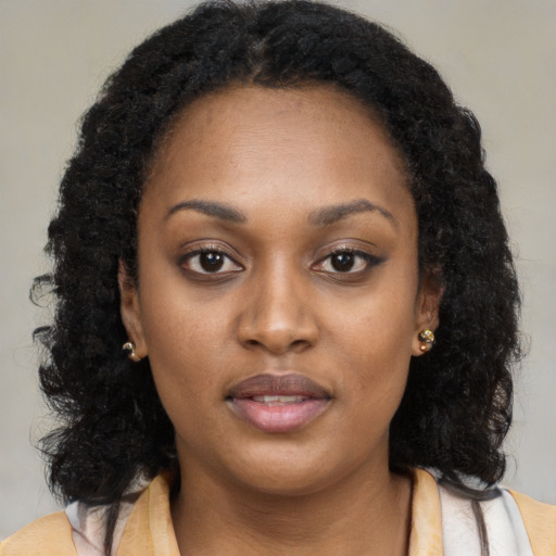Neutral latino young-adult female with long  black hair and brown eyes