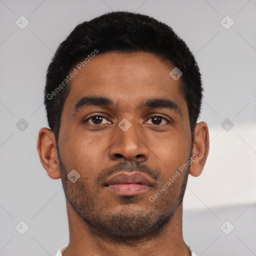 Neutral black young-adult male with short  black hair and brown eyes