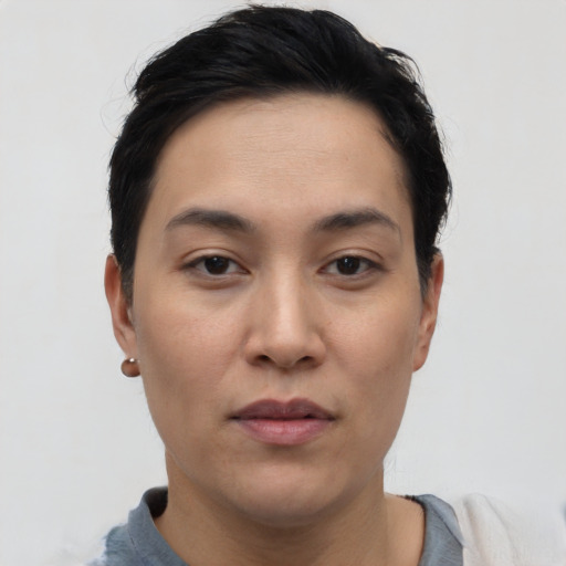 Neutral asian young-adult female with short  black hair and brown eyes