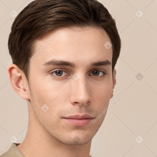 Neutral white young-adult male with short  brown hair and brown eyes