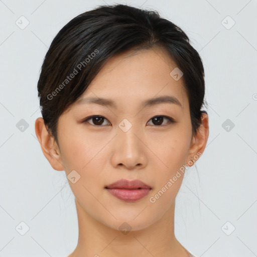 Neutral asian young-adult female with medium  brown hair and brown eyes