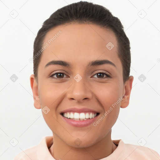 Joyful white young-adult female with short  brown hair and brown eyes