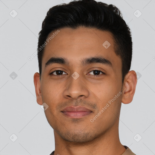 Neutral latino young-adult male with short  black hair and brown eyes