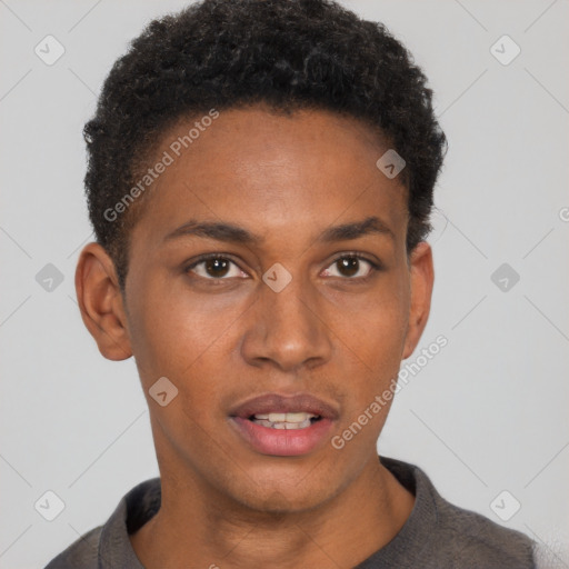 Neutral black young-adult male with short  brown hair and brown eyes