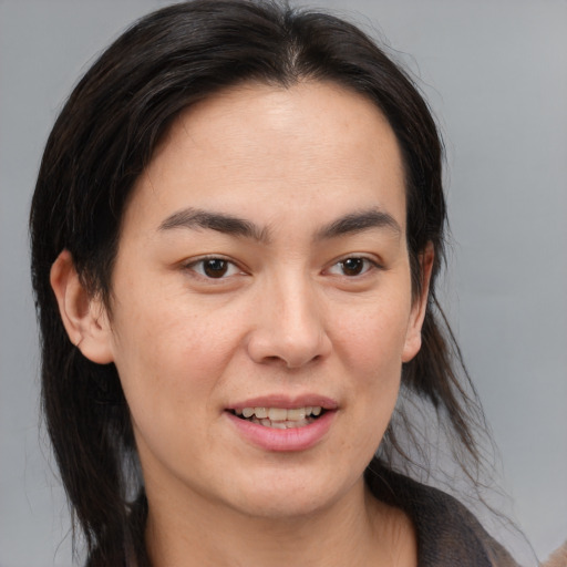 Joyful white young-adult female with medium  brown hair and brown eyes