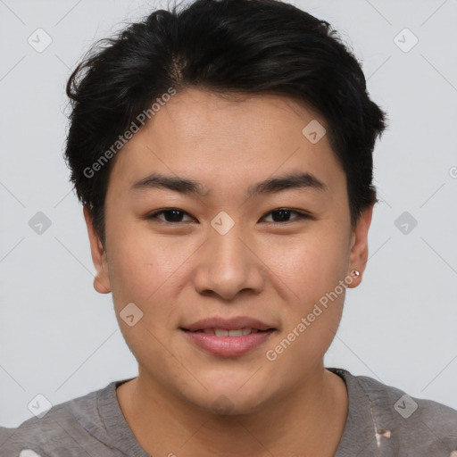 Joyful asian young-adult male with short  brown hair and brown eyes