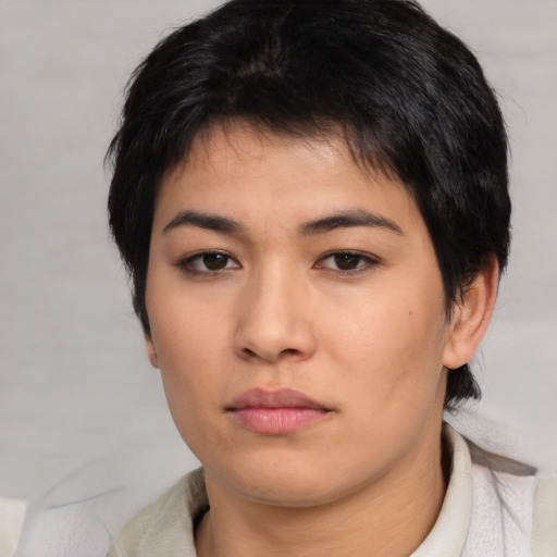 Neutral asian young-adult female with short  black hair and brown eyes