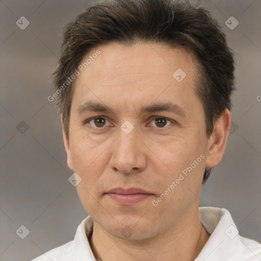 Neutral white adult male with short  brown hair and brown eyes