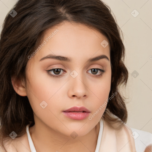 Neutral white young-adult female with medium  brown hair and brown eyes