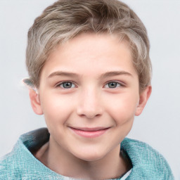 Joyful white child male with short  brown hair and grey eyes