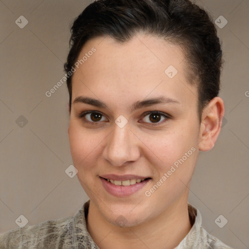 Joyful white young-adult female with short  brown hair and brown eyes