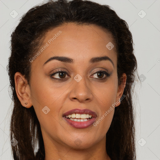 Joyful latino young-adult female with long  brown hair and brown eyes