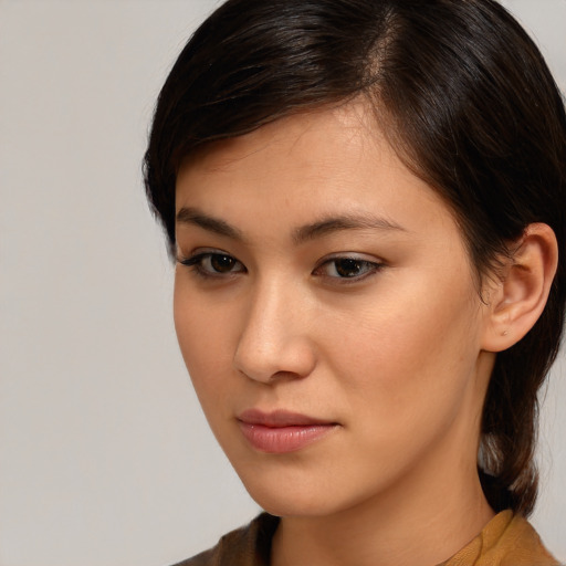 Neutral white young-adult female with medium  brown hair and brown eyes