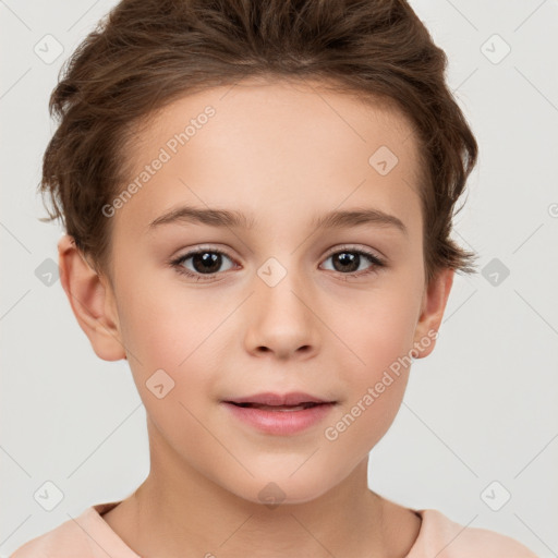 Joyful white child female with short  brown hair and brown eyes