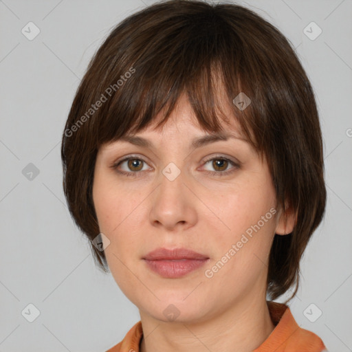 Neutral white young-adult female with medium  brown hair and brown eyes