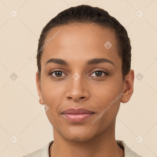 Neutral latino young-adult female with short  black hair and brown eyes