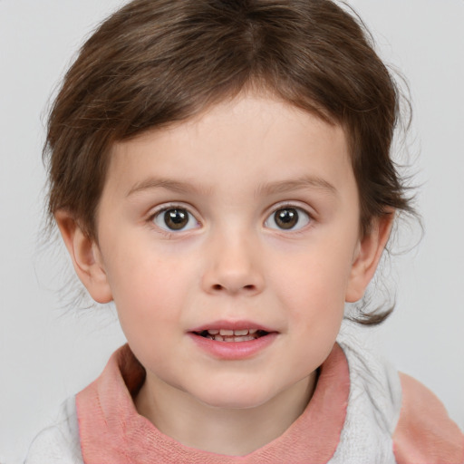 Joyful white child female with medium  brown hair and brown eyes