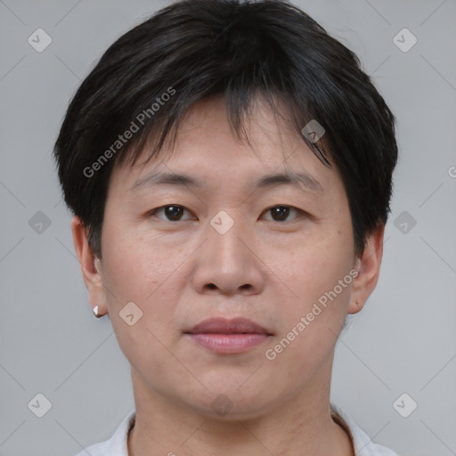 Neutral asian young-adult male with short  brown hair and brown eyes