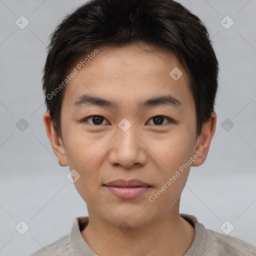 Joyful asian young-adult male with short  brown hair and brown eyes