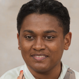 Joyful black young-adult male with short  brown hair and brown eyes