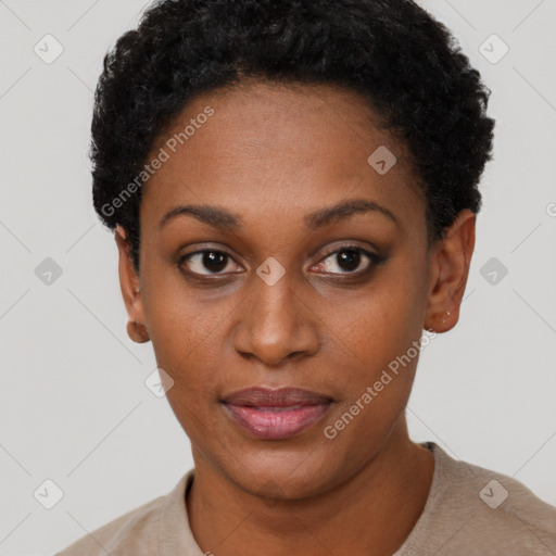 Neutral black young-adult female with short  black hair and brown eyes