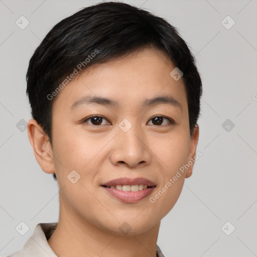 Joyful white young-adult female with short  brown hair and brown eyes