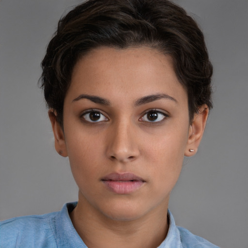 Neutral white young-adult female with short  brown hair and brown eyes