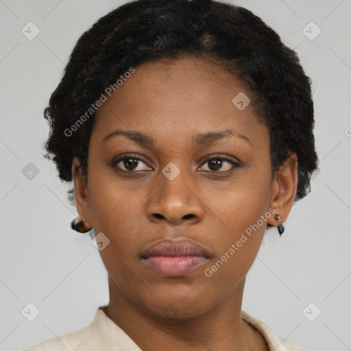 Neutral black young-adult female with short  black hair and brown eyes