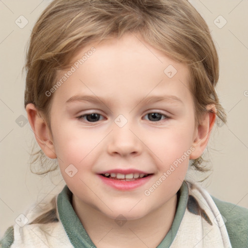 Joyful white child female with medium  brown hair and grey eyes