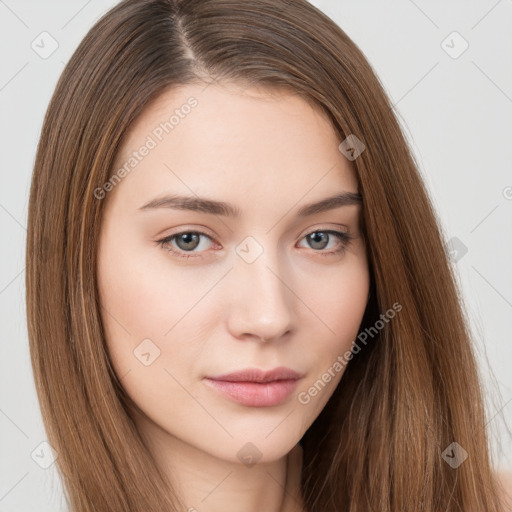 Neutral white young-adult female with long  brown hair and brown eyes