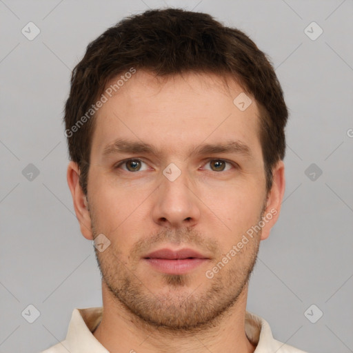 Neutral white young-adult male with short  brown hair and brown eyes