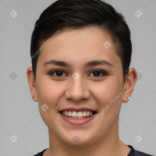 Joyful white young-adult female with short  brown hair and brown eyes