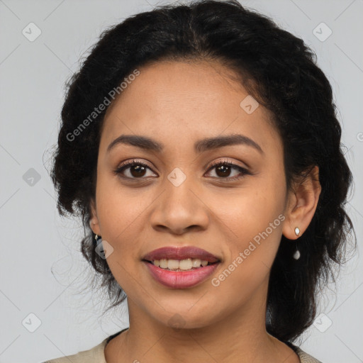 Joyful latino young-adult female with medium  black hair and brown eyes