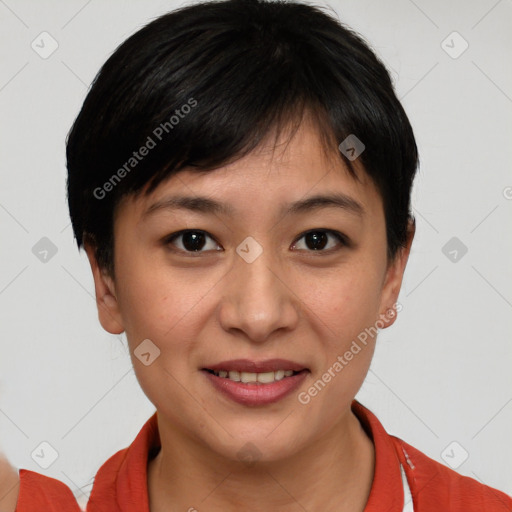 Joyful white young-adult female with short  brown hair and brown eyes