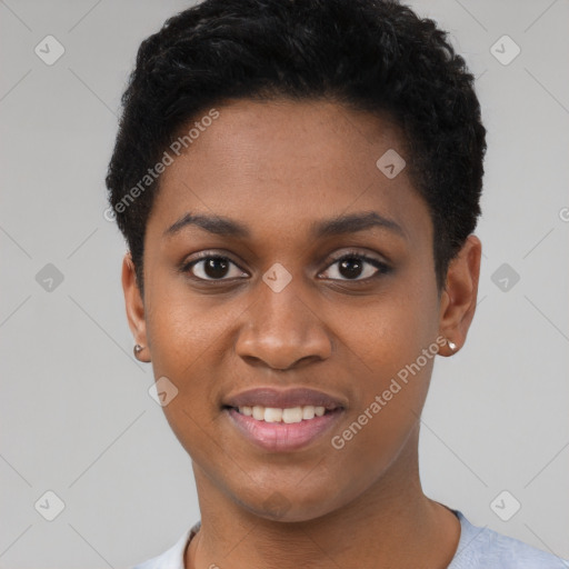 Joyful black young-adult female with short  brown hair and brown eyes