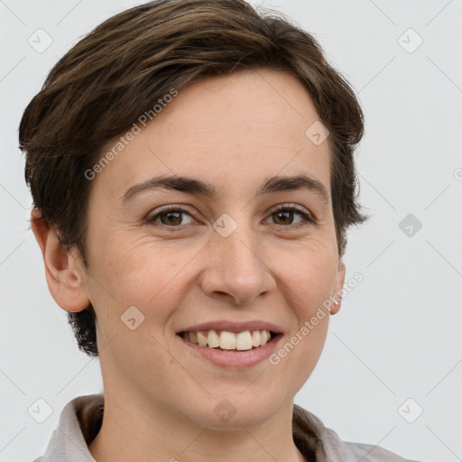 Joyful white young-adult female with short  brown hair and grey eyes