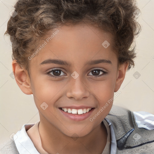 Joyful white child female with short  brown hair and brown eyes